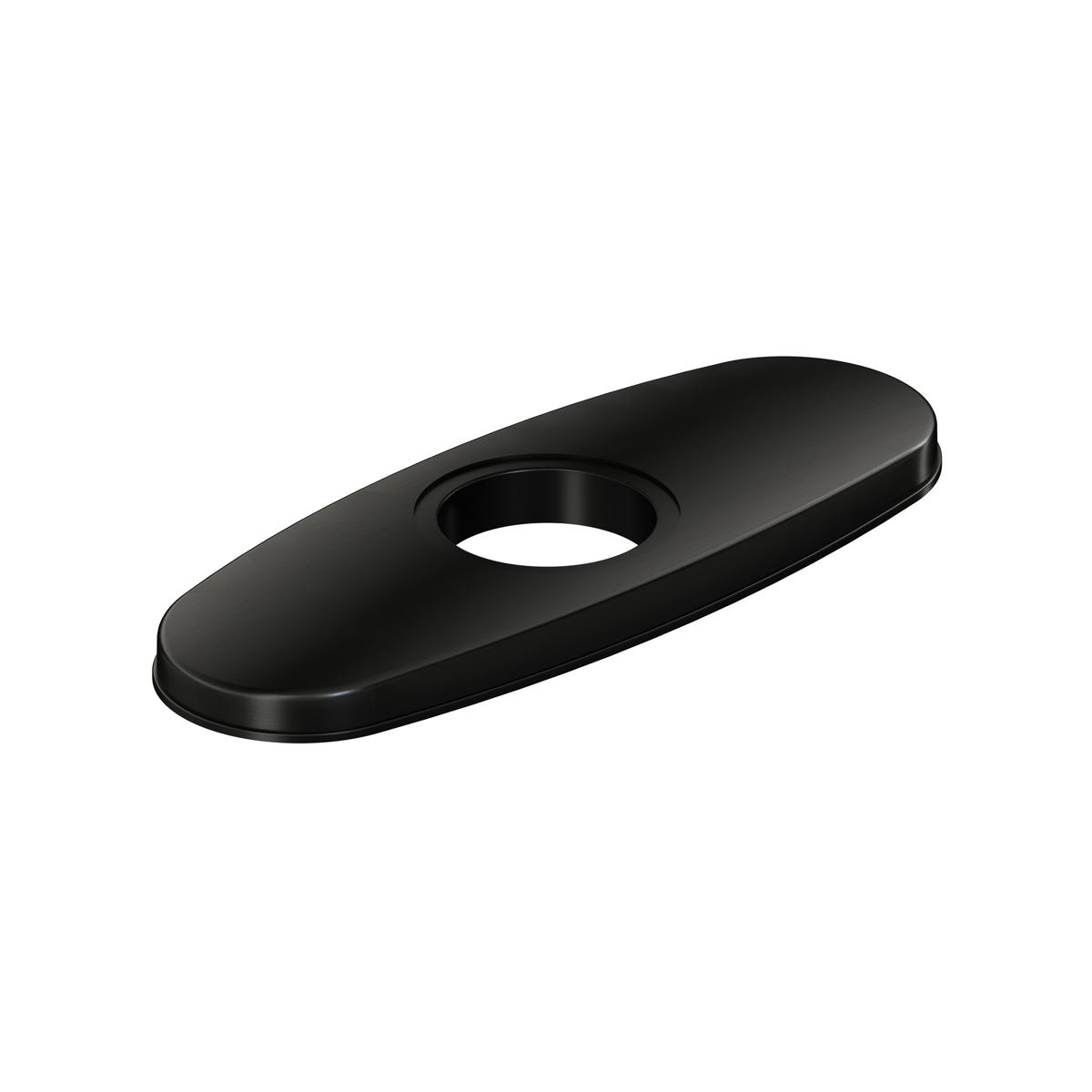 Black stainless steel 3-hole bar faucet deck plate with oval shape and single central opening.