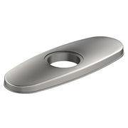Lustrous steel deck plate with oval shape and single center hole for 3-hole bar faucet installation.