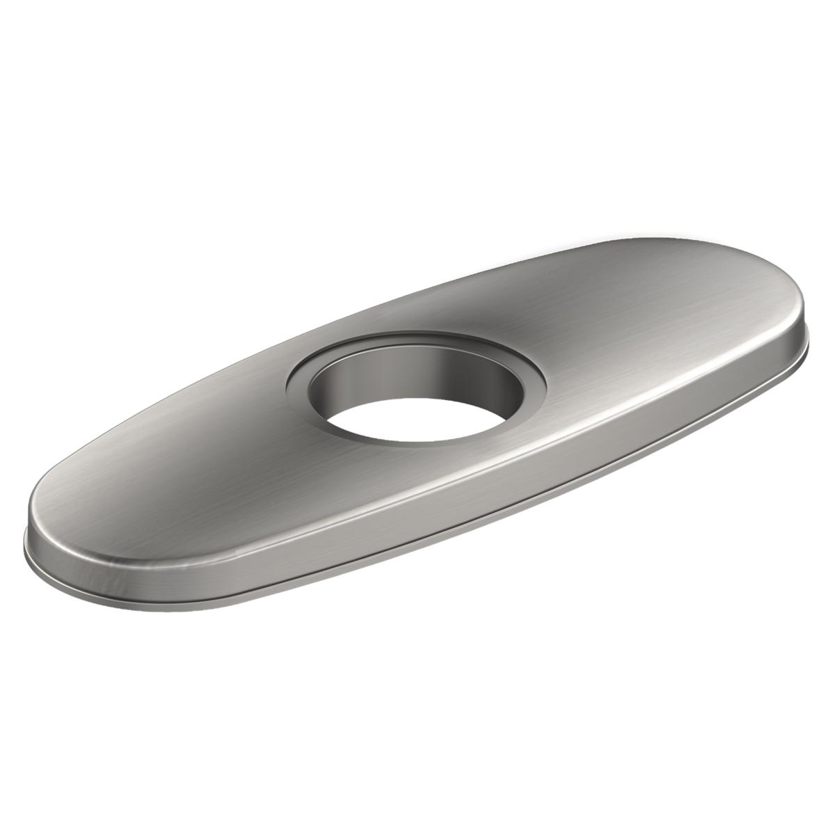 Lustrous steel deck plate with oval shape and single center hole for 3-hole bar faucet installation.
