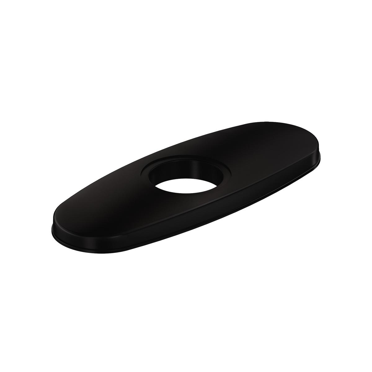 Matte black oval deck plate with single center hole for 3-hole bar faucet installation.