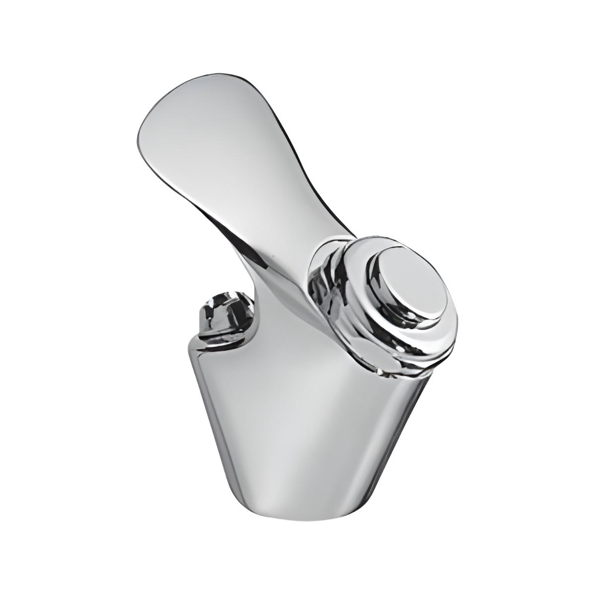 Stainless steel water fountain with curved basin and dual push button controls mounted on top.