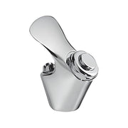 Stainless steel water fountain with curved basin and dual push button controls mounted on top.