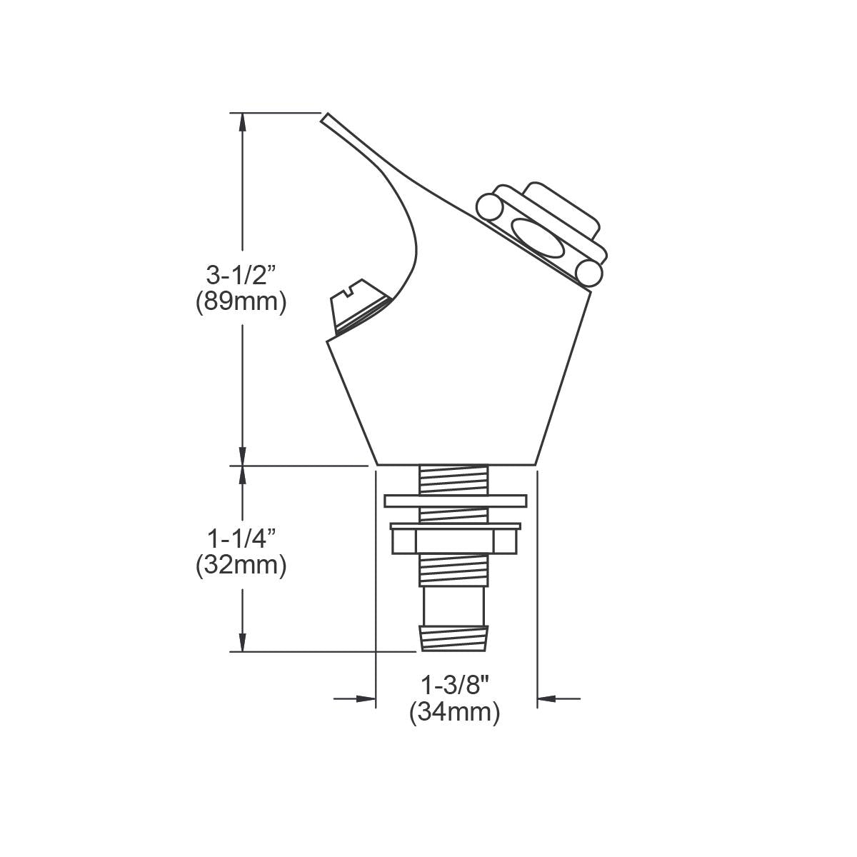 Technical drawing of wall-mounted water bubbler with push button activation and curved spout, showing dimensions.