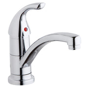 Chrome single-hole kitchen faucet with curved spout, lever handle, and red temperature indicator dot.