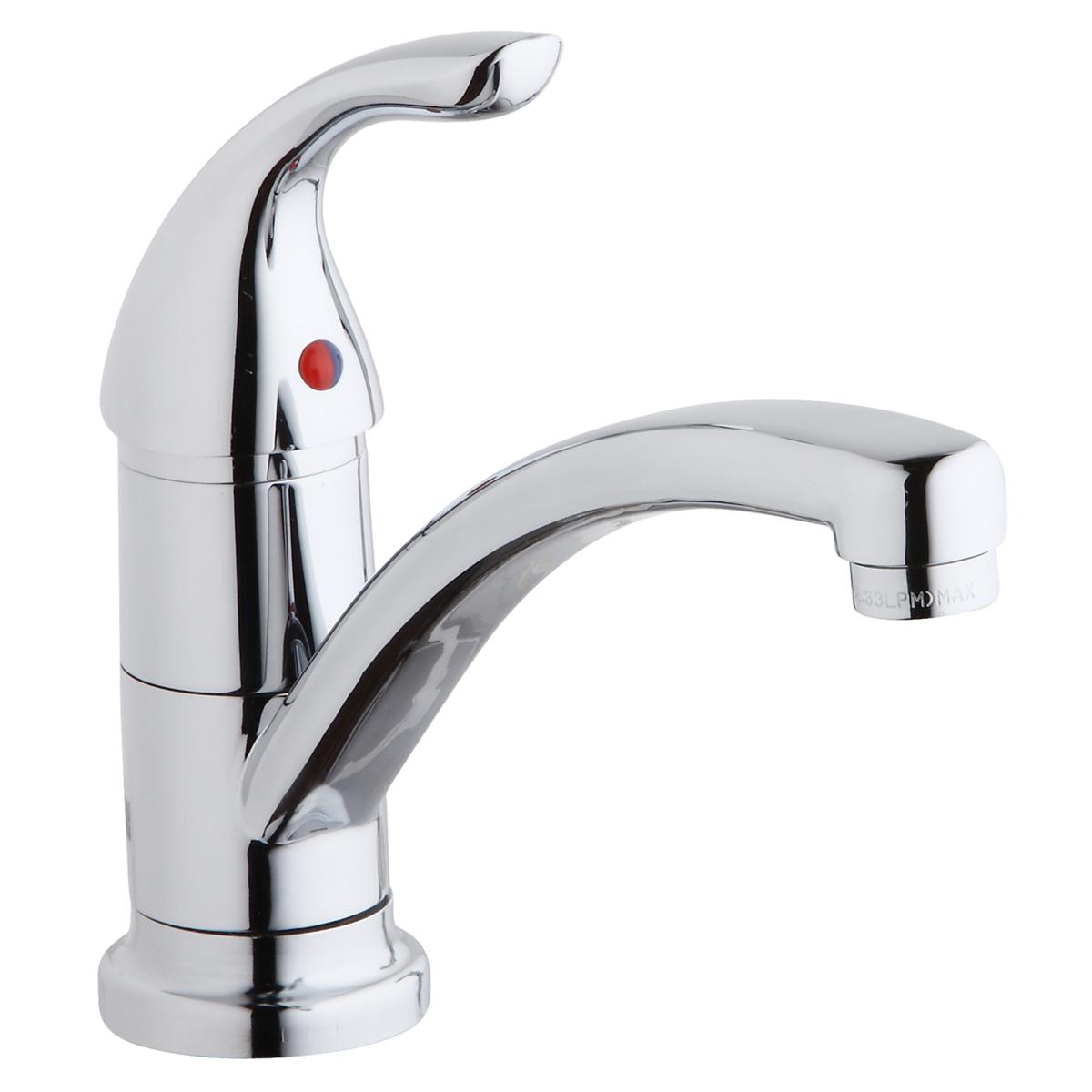 Chrome single-hole kitchen faucet with curved spout, lever handle, and red temperature indicator dot.
