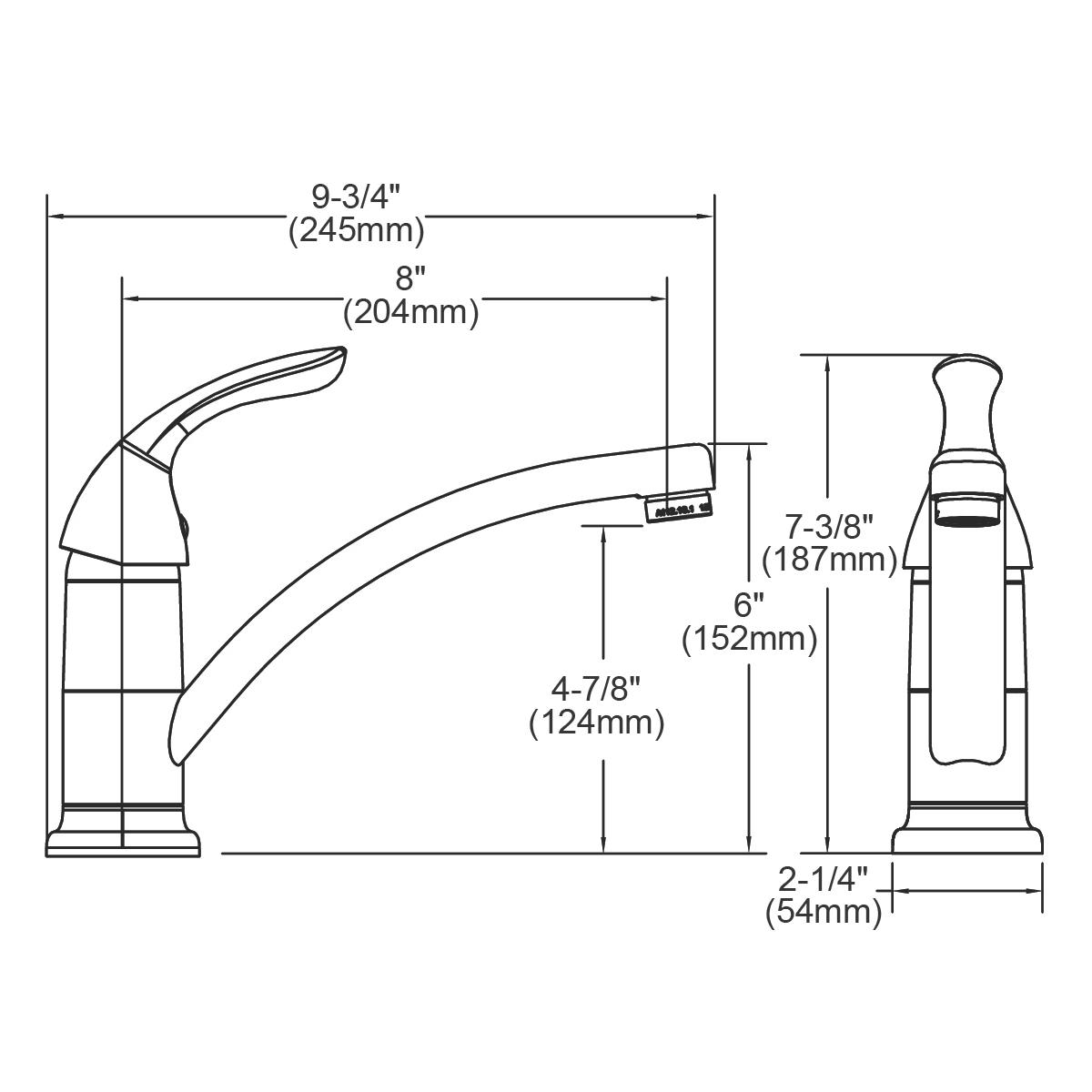 Chrome kitchen faucet with curved spout and lever handle shown in front and side elevation technical drawings with dimensions