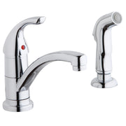 Chrome kitchen faucet with curved spout, single lever handle, and detachable side spray on white background.