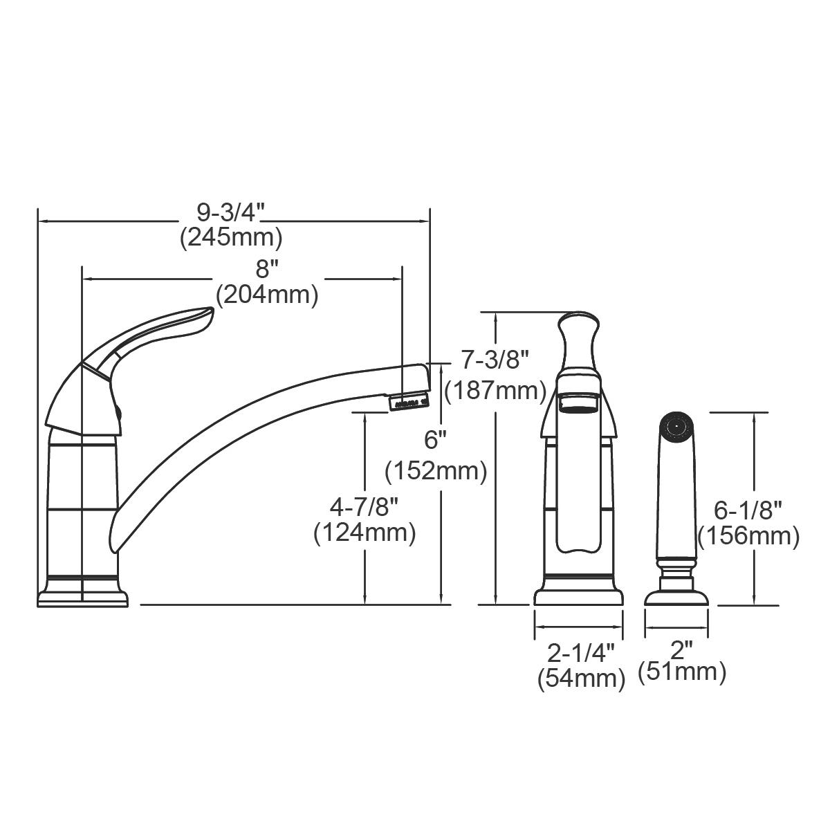 Chrome two-hole deck mount kitchen faucet with single lever handle, curved spout, and separate side spray with dimensions sho