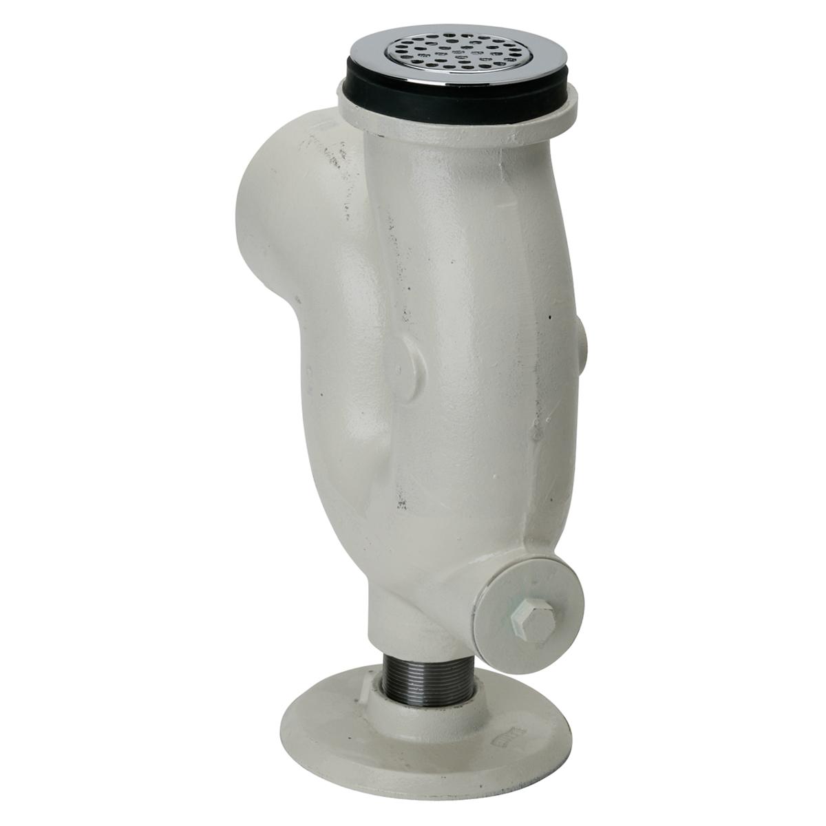 White cast iron P-trap with adjustable base, black rubber seal ring, and perforated chrome top strainer.