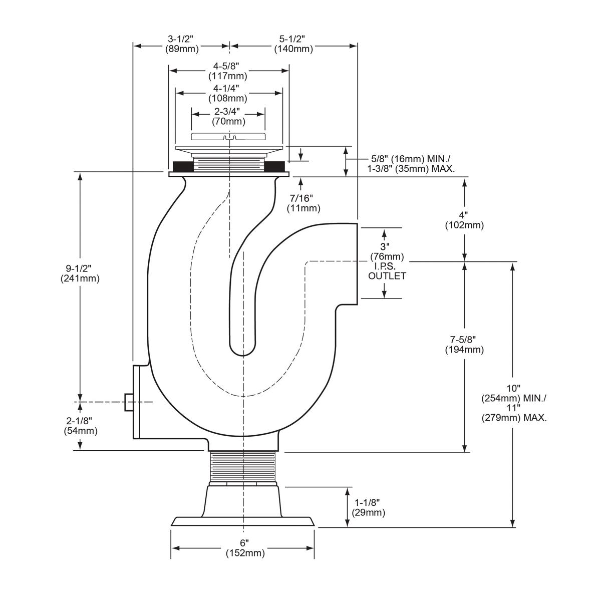 Technical schematic of adjustable P-trap plumbing fixture with dimensions, outlet connection, and installation measurements l