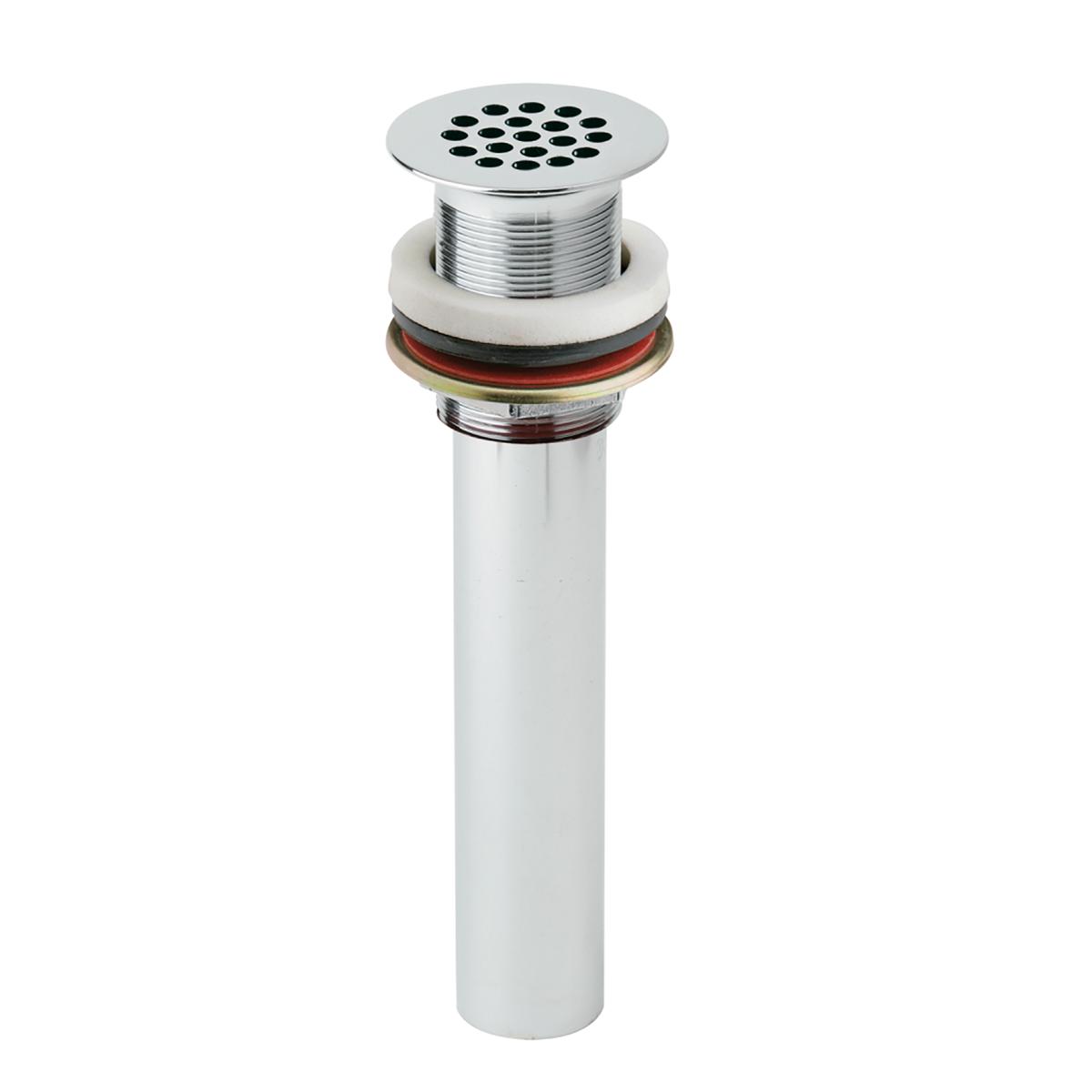 Chrome plated brass drain fitting with perforated grid, threaded tailpiece, and rubber seals.