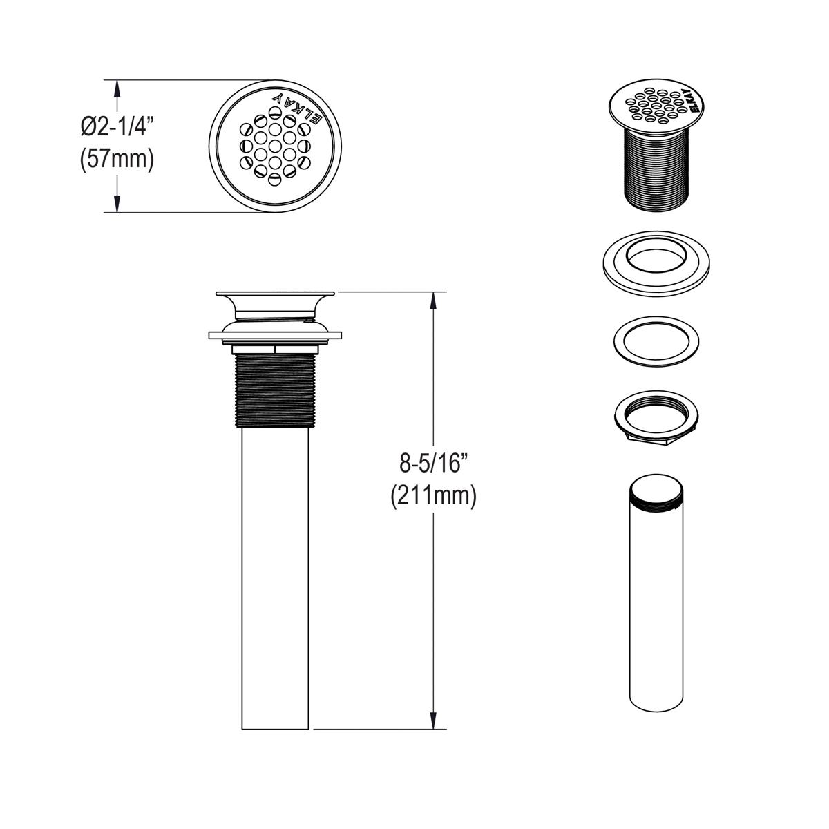 Chrome plated brass drain fitting with perforated grid top, tailpiece, and mounting components shown in assembled and disasse