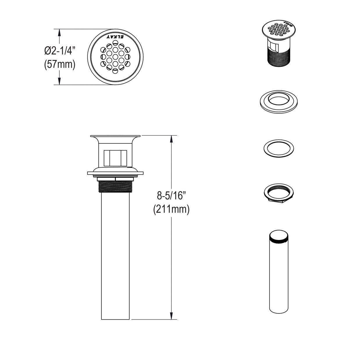Chrome-plated brass drain fitting with perforated grid top and tailpiece components shown in technical diagram.