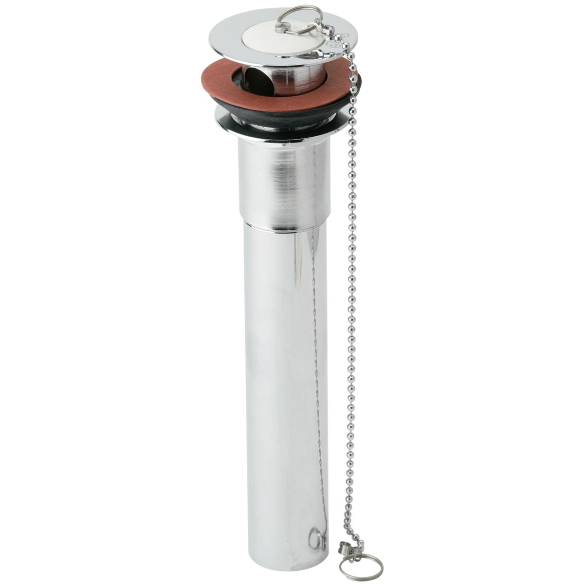 Chrome-plated brass drain fitting with rubber stopper ring, metal chain, and strainer cap.