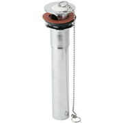 Chrome-plated brass drain fitting with rubber stopper ring, metal chain, and strainer cap.