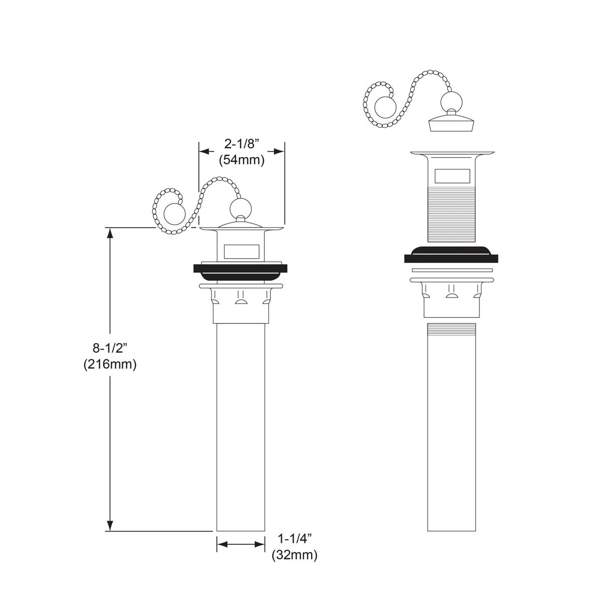 Chrome plated brass drain fitting with rubber stopper ring and chain, 1-1/2" size with 8-1/2" length.