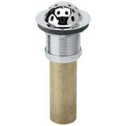 Chrome-plated brass beehive strainer drain fitting with perforated dome top and threaded metal collar on wooden base.