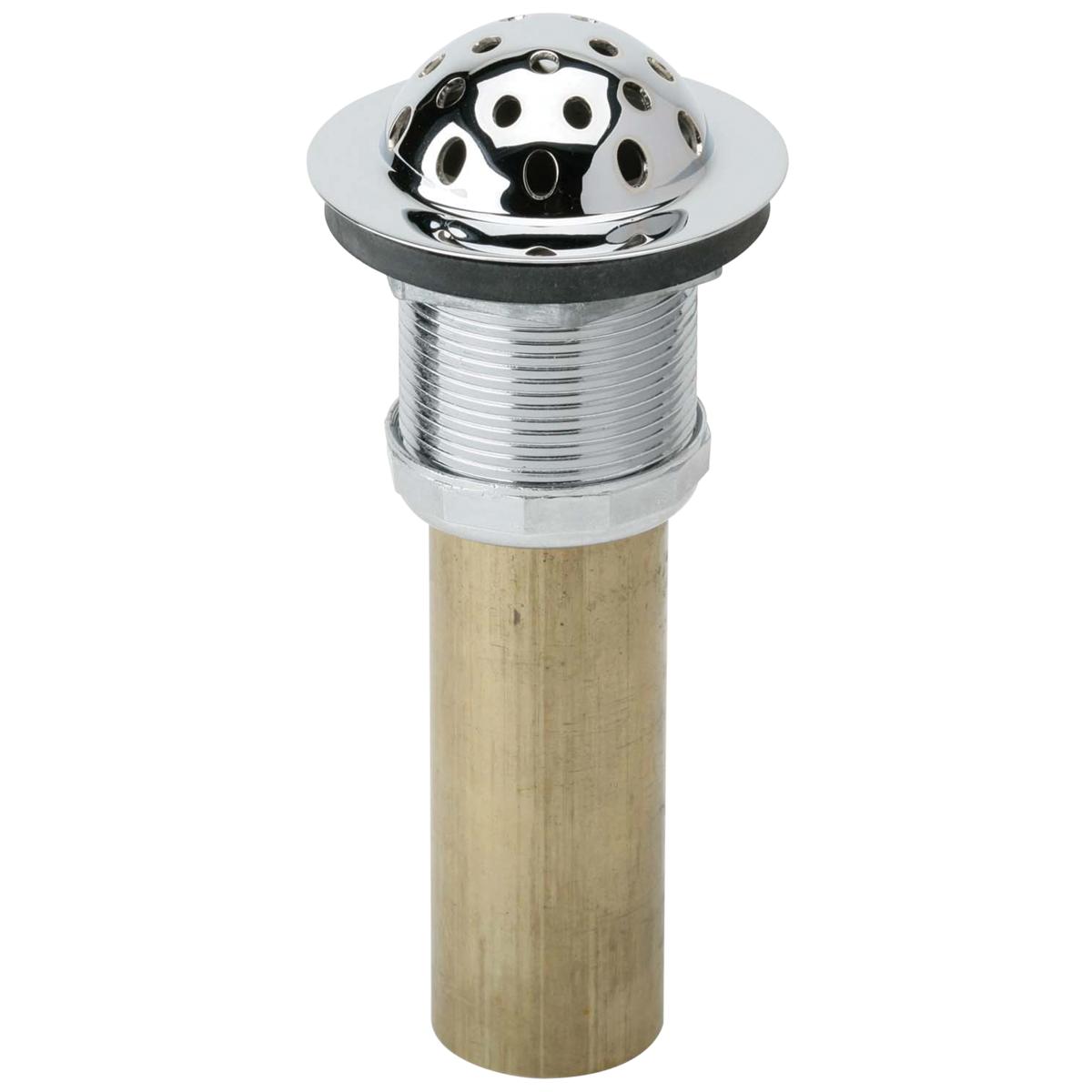 Chrome-plated brass beehive strainer drain fitting with perforated dome top and threaded metal collar on wooden base.