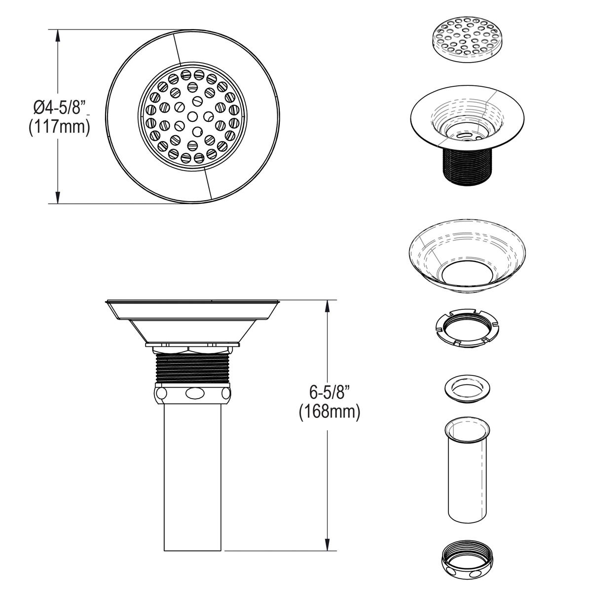 Stainless steel drain strainer with perforated basket, flange, and threaded tailpiece components shown in top and side views 