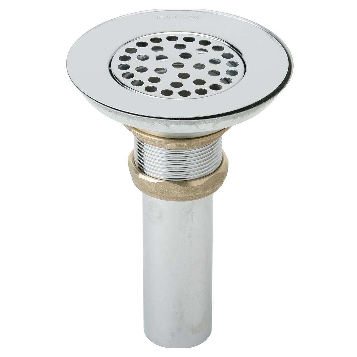 Stainless steel sink drain assembly with perforated strainer basket and threaded pipe connector.
