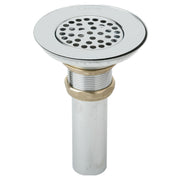 Nickel-plated brass drain strainer with perforated basket and threaded tailpiece for sink installation.