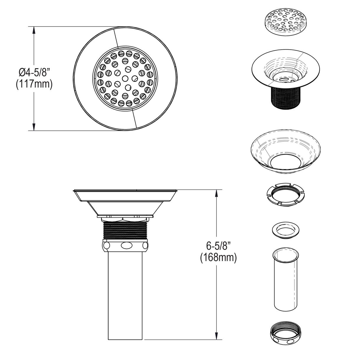 Nickel-plated brass sink drain strainer with perforated basket and tailpiece components shown in top and side views.