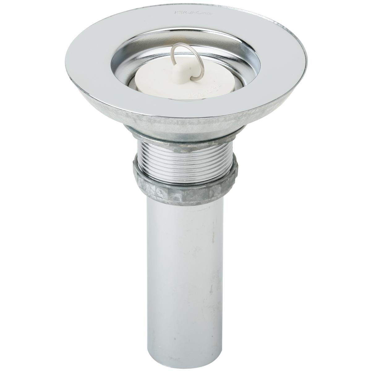 Elkay sink drain with white rubber stopper, metal collar and threaded body for under-sink installation.