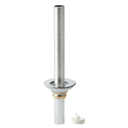 Stainless steel drain assembly with removable standpipe, flange, and rubber stopper.