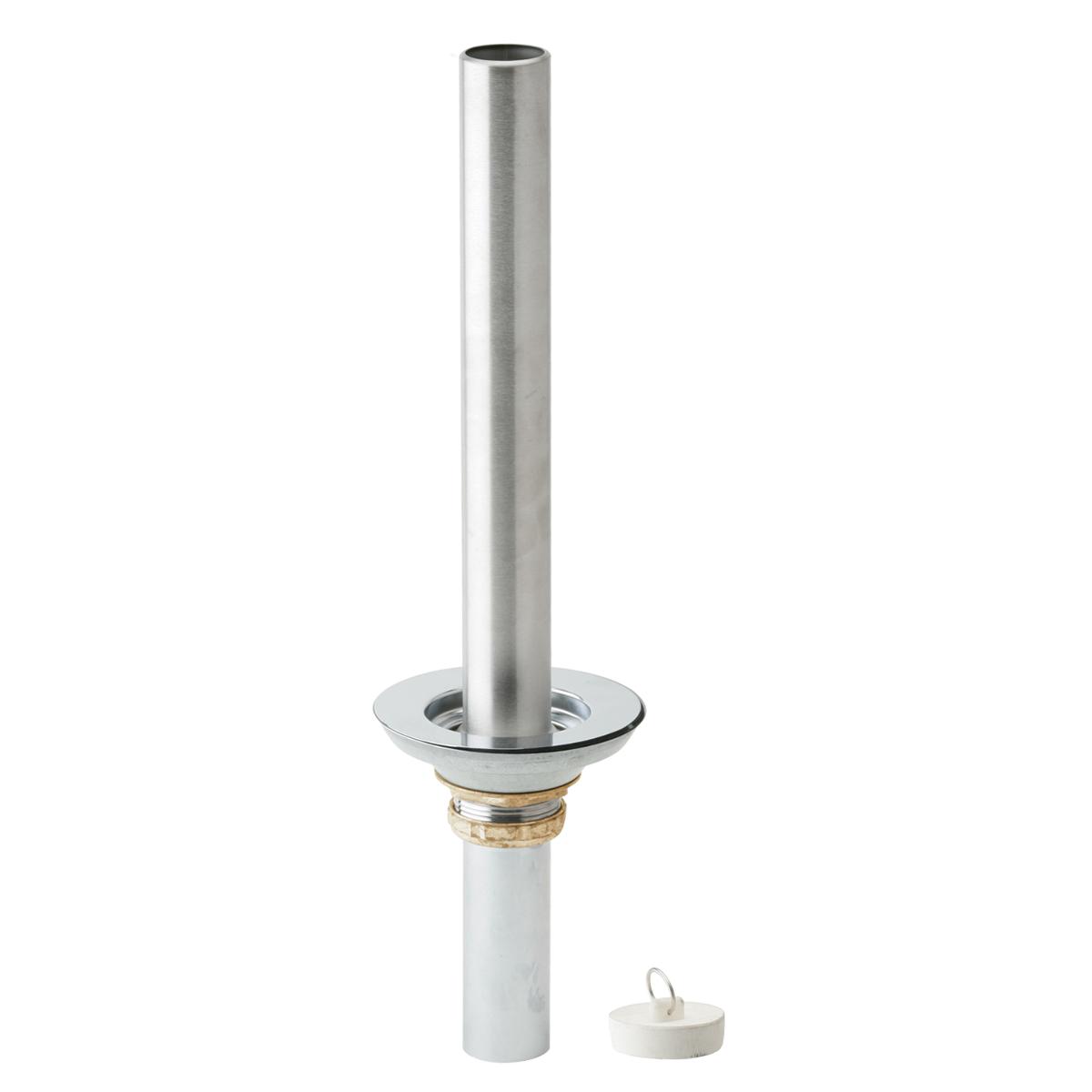 Stainless steel drain assembly with removable standpipe, flange, and rubber stopper.