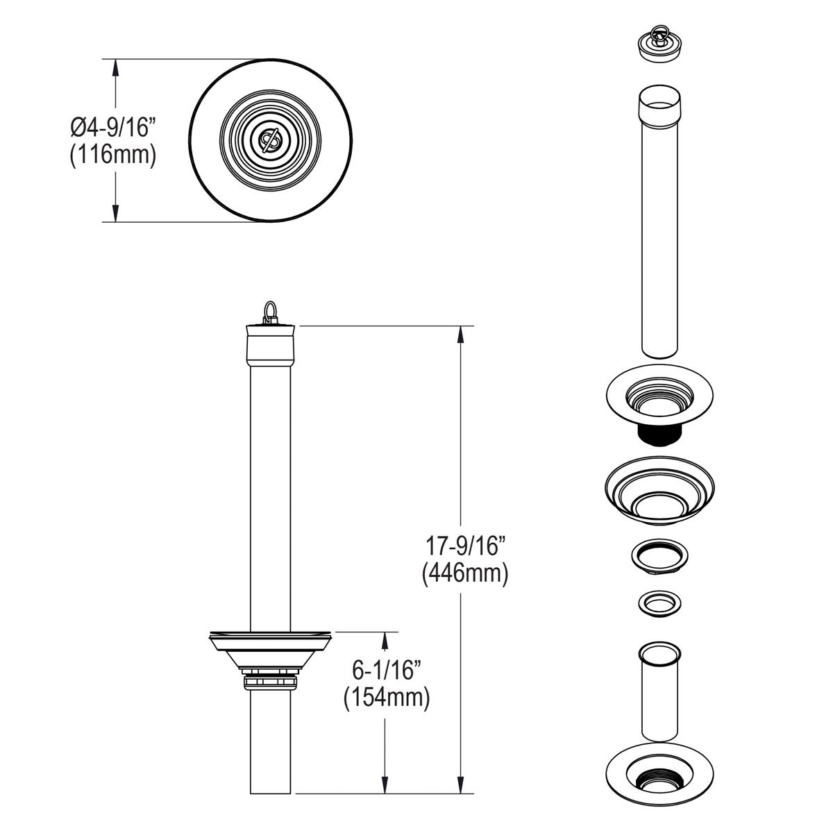 Elkay 3-1/2" drain assembly with removable standpipe, rubber stopper, and component parts shown in technical diagram.