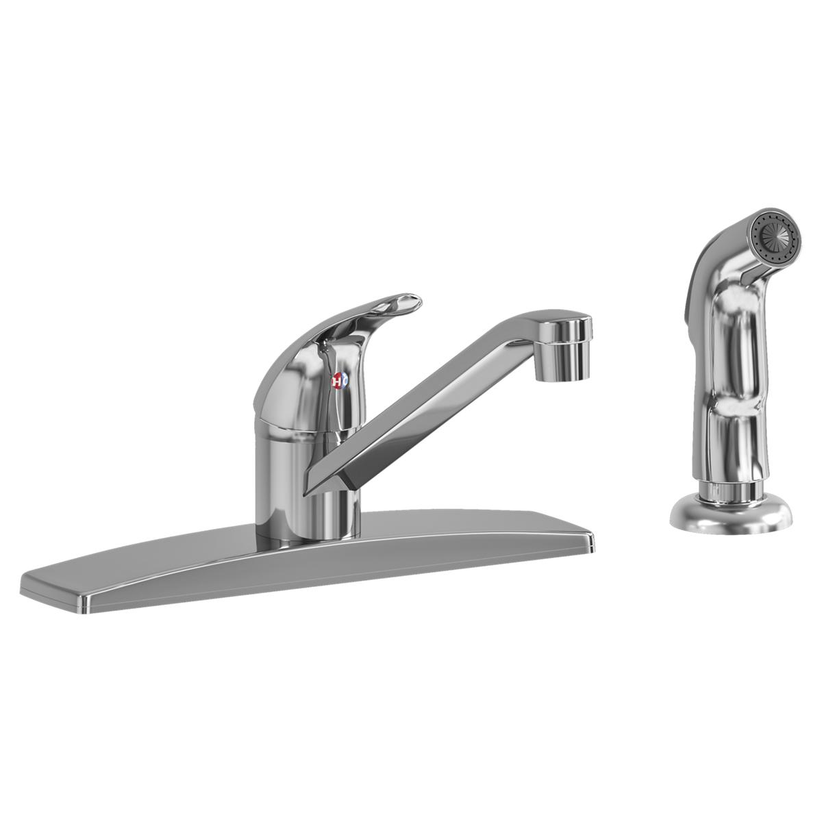 Chrome kitchen faucet with curved spout, single handle, and separate side spray with showerhead on rectangular deck plate.