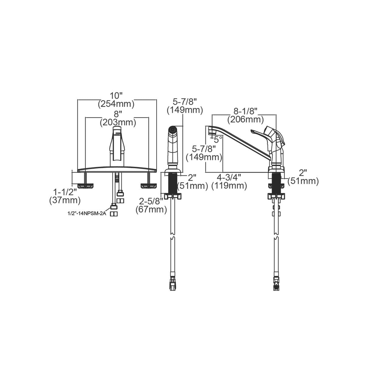 Chrome three-hole deck mount kitchen faucet with curved spout and side spray, shown with dimensional specifications.