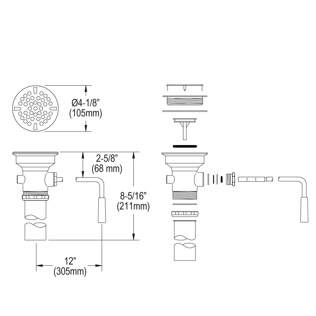 Technical diagram showing drain fitting components with strainer basket, rotary lever mechanism, tailpiece, and dimensional s