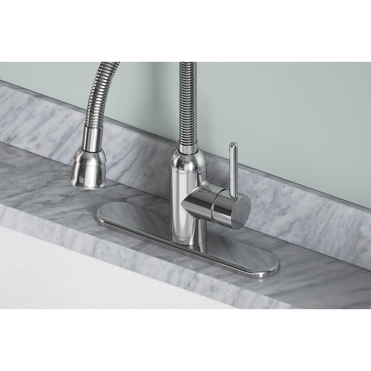 Chrome laundry faucet with flexible spout and single forward lever handle mounted on marble countertop.