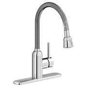 Chrome laundry faucet with flexible hose spout, lever handle, and oval base plate.