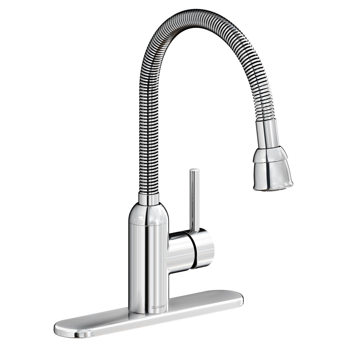 Chrome laundry faucet with flexible hose spout, lever handle, and oval base plate.