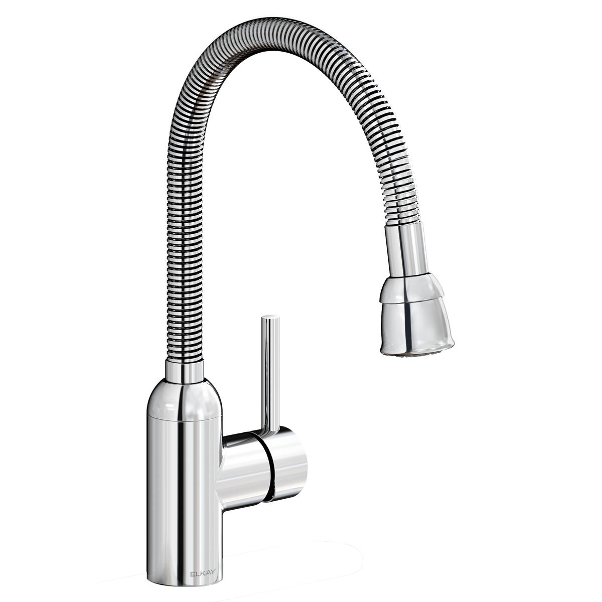 Chrome utility faucet with flexible ribbed spout and single forward-only lever handle.