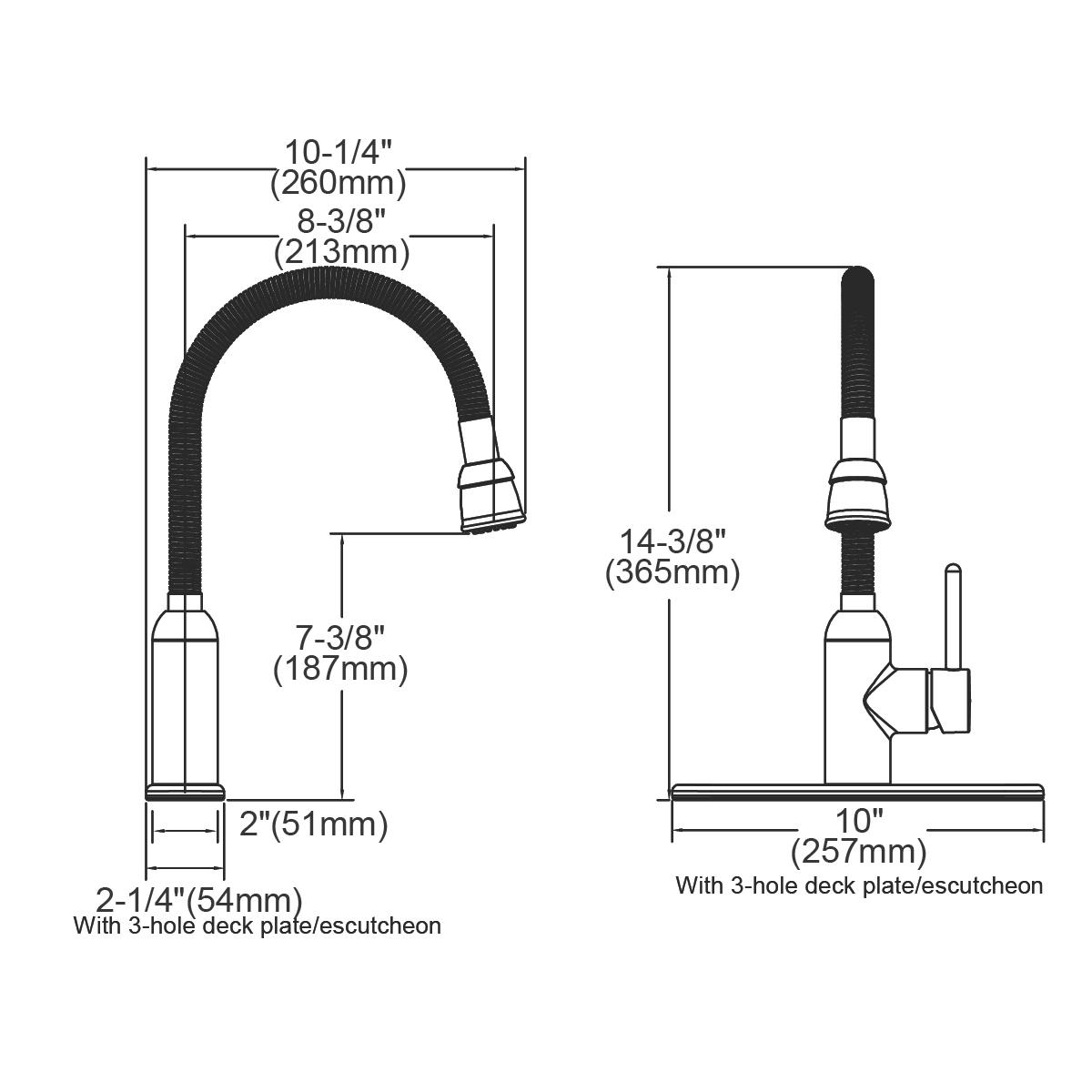 Chrome laundry faucet with flexible black spout, forward-only lever handle, and deck plate shown in technical schematic with 