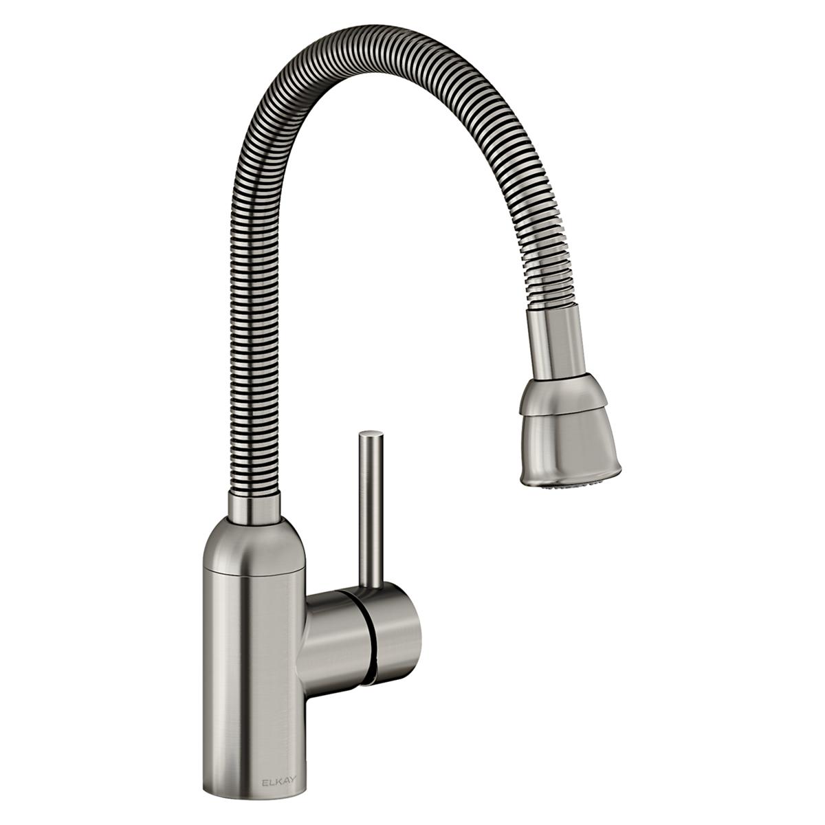 Lustrous steel utility faucet with flexible coiled spout, single lever handle, and pull-down spray head.