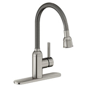 Stainless steel laundry faucet with flexible hose spout, single lever handle, and rectangular base plate.