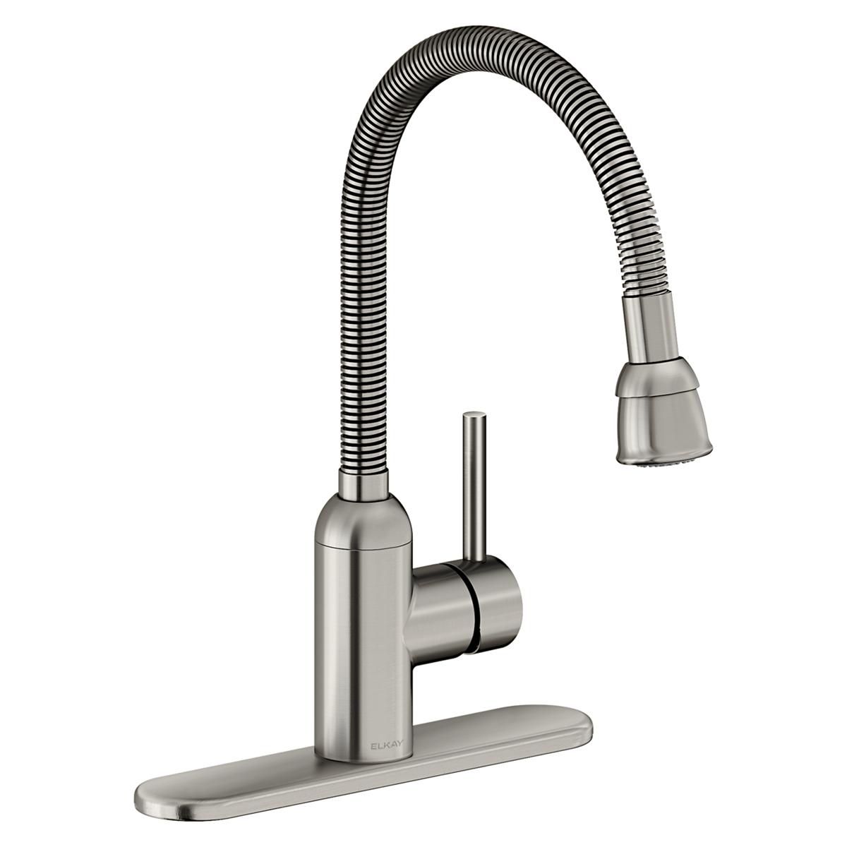 Stainless steel laundry faucet with flexible hose spout, single lever handle, and rectangular base plate.