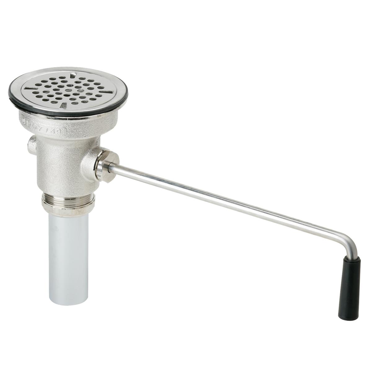 Chrome drain fitting with perforated strainer basket, rotary lever handle, and white PVC tailpiece.