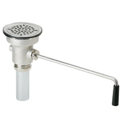 Chrome drain fitting with perforated strainer basket, rotary lever handle, and white PVC tailpiece.
