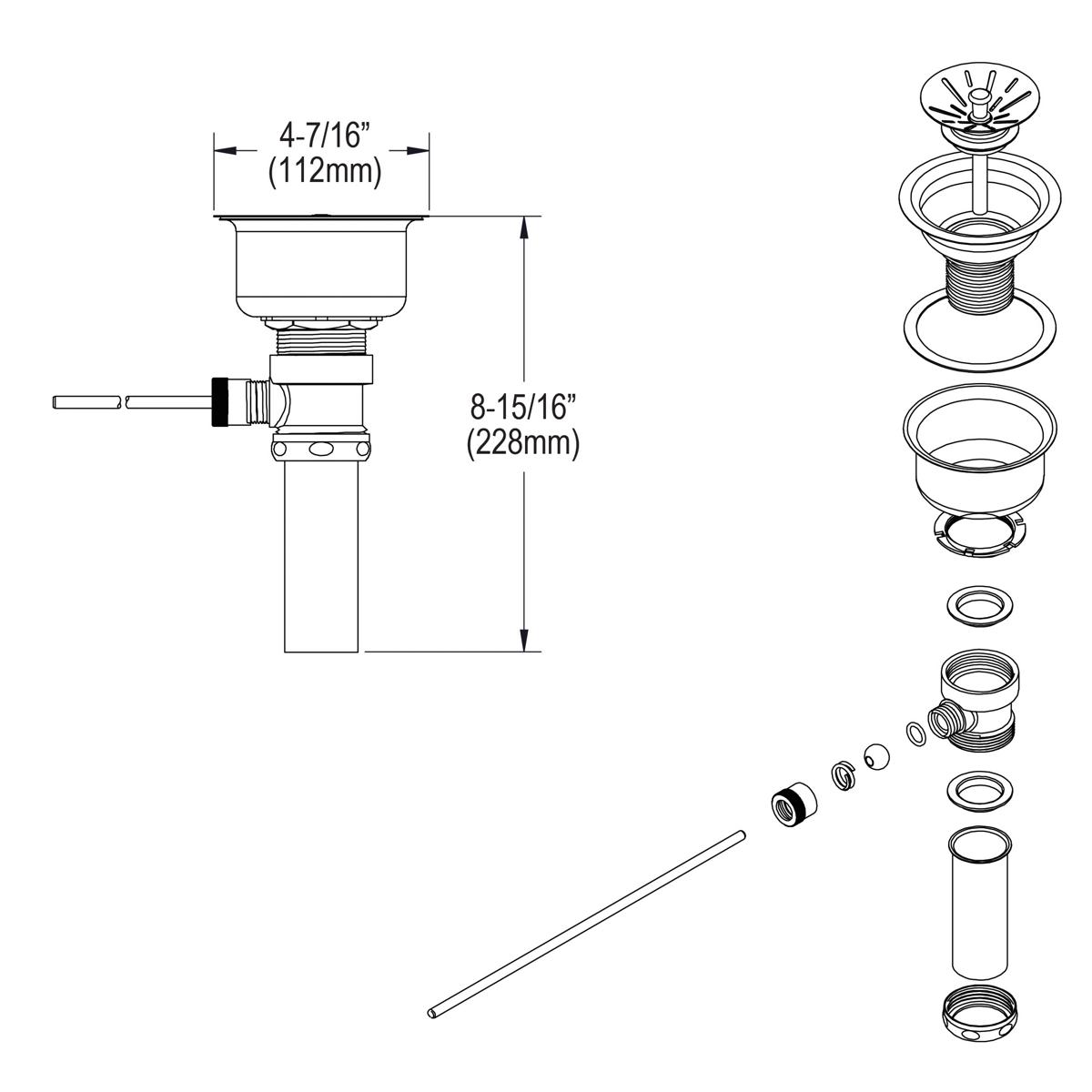 Elkay 3-1/2" drain fitting with lever operation, shown as assembled unit and exploded component view with dimensions.