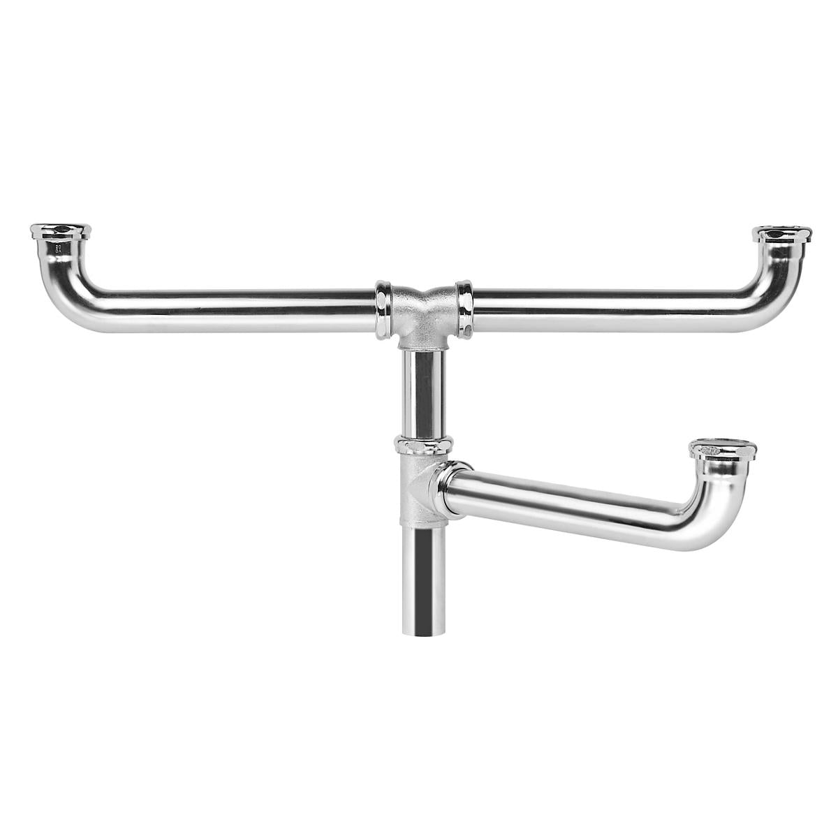 Chrome drain fitting with curved pipes and center outlet connector for triple bowl sink installation.