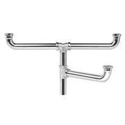 Chrome drain fitting with curved pipes and center outlet connector for triple bowl sink installation.