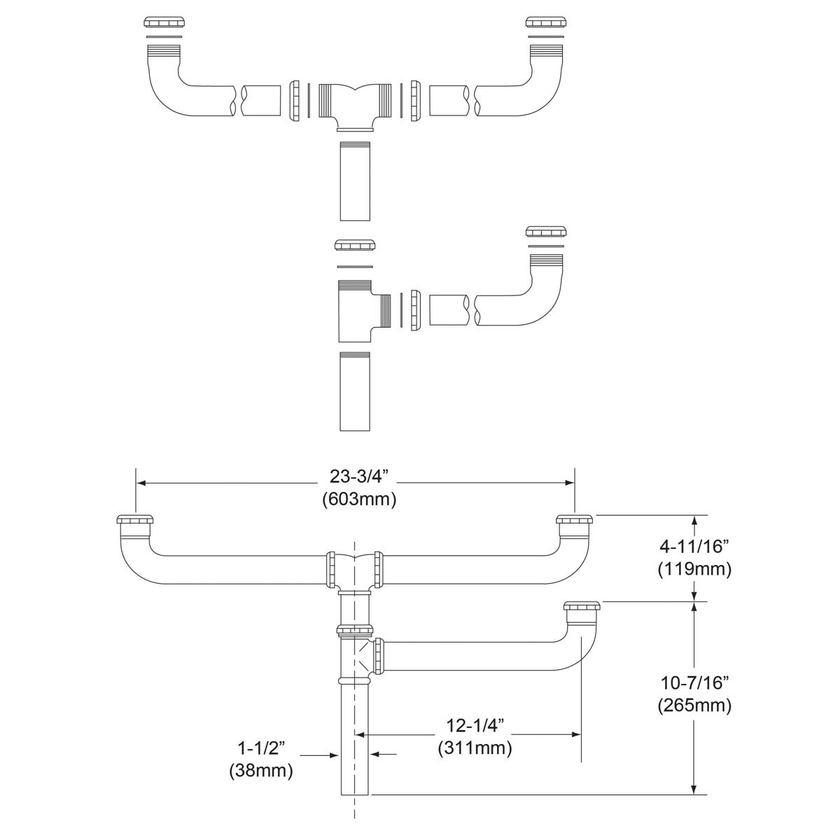 Technical diagram showing 3-1/2" drain fitting assembly with dual curved pipes, center outlet connector, and dimensional meas