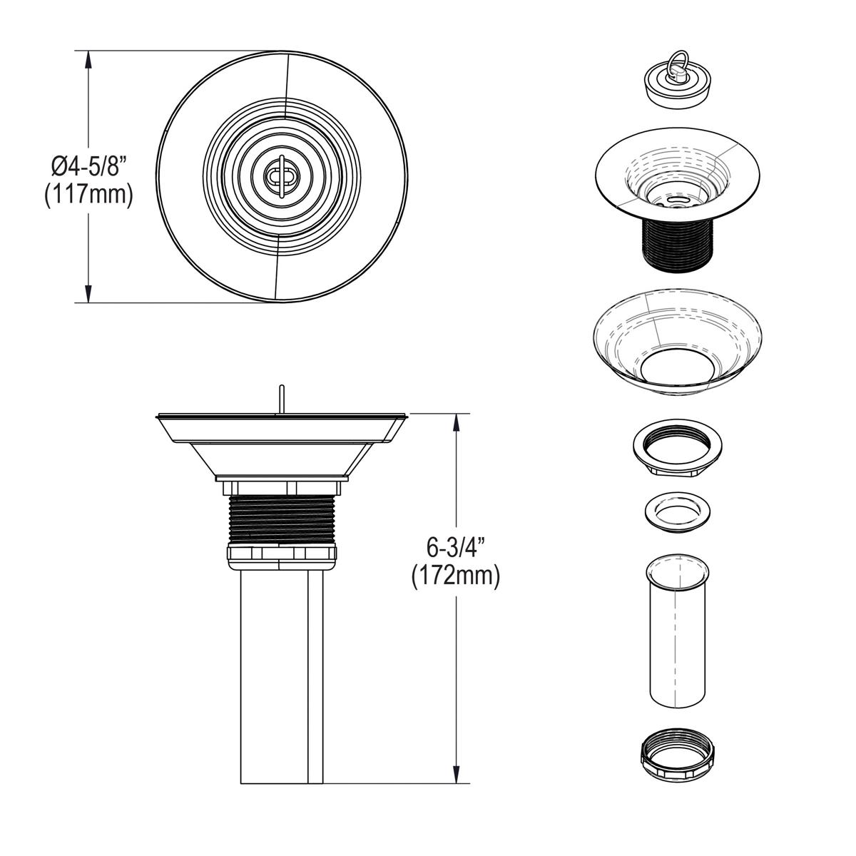 3-1/2" drain assembly with rubber stopper, showing top view, side cross-section, and component parts.