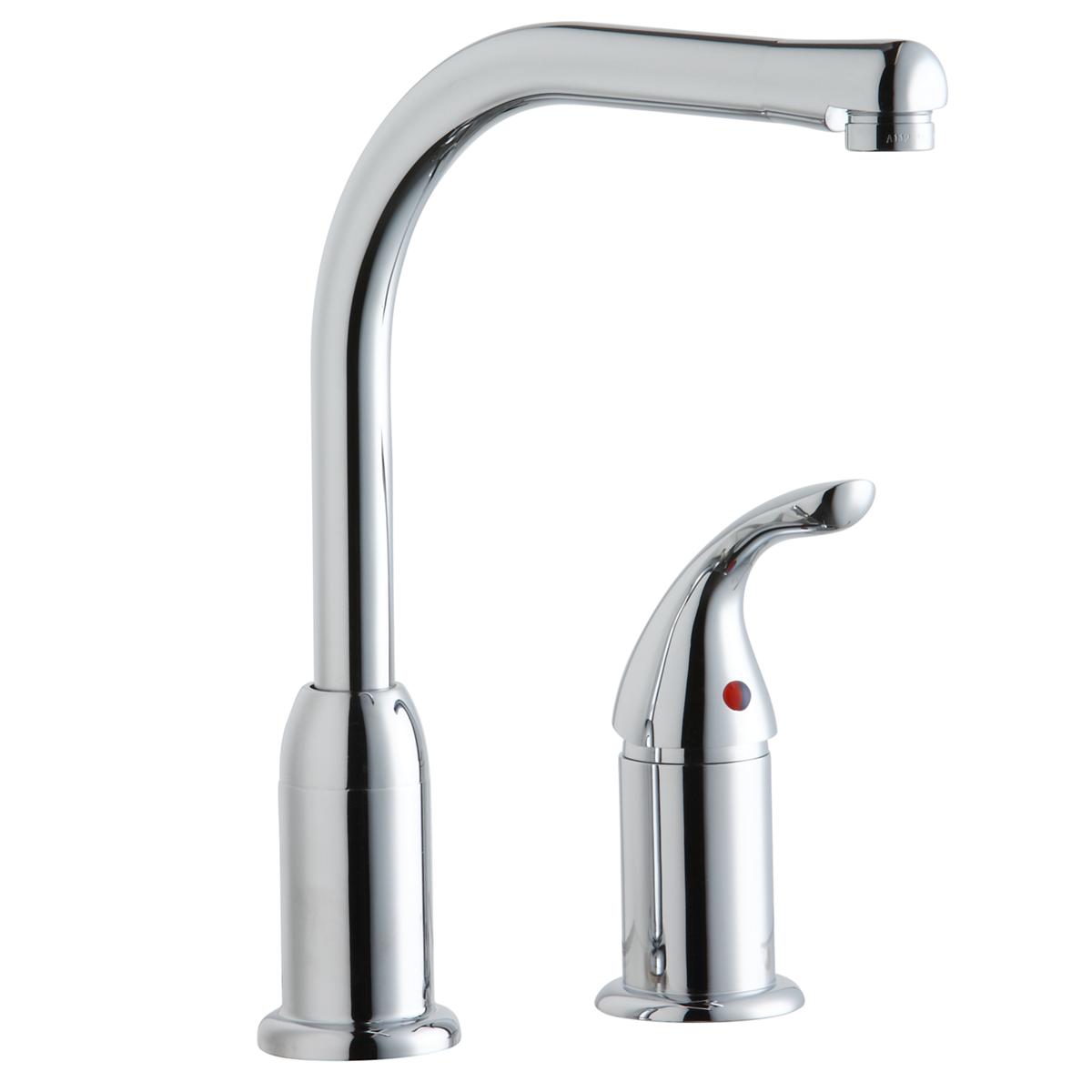 Chrome deck mount kitchen faucet with tall curved spout and remote lever handle with red indicator dot.