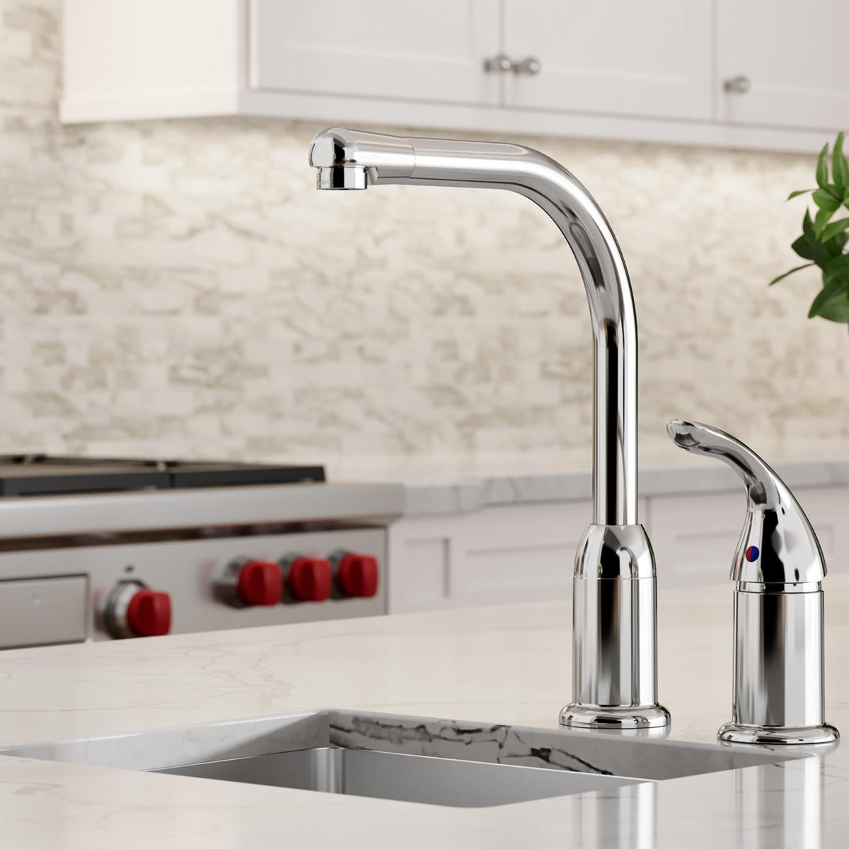 Chrome kitchen faucet with tall curved spout and remote lever handle mounted on countertop above sink.